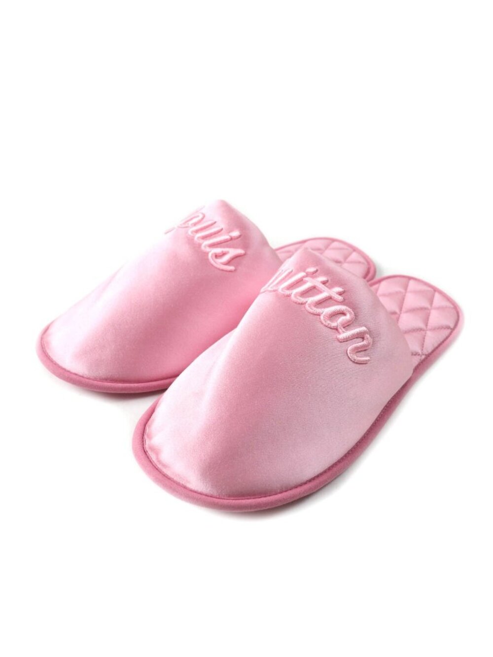 Louis Vuitton LV Suit Line Mules Logo Embroidery Satin Room Shoes Slippers Pink